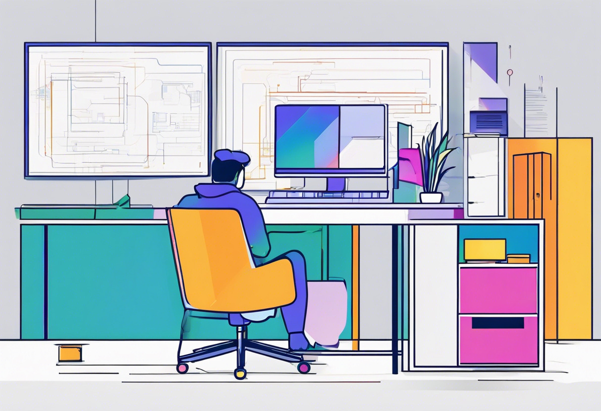 Colorful depiction of a developer using Unity in a tech office