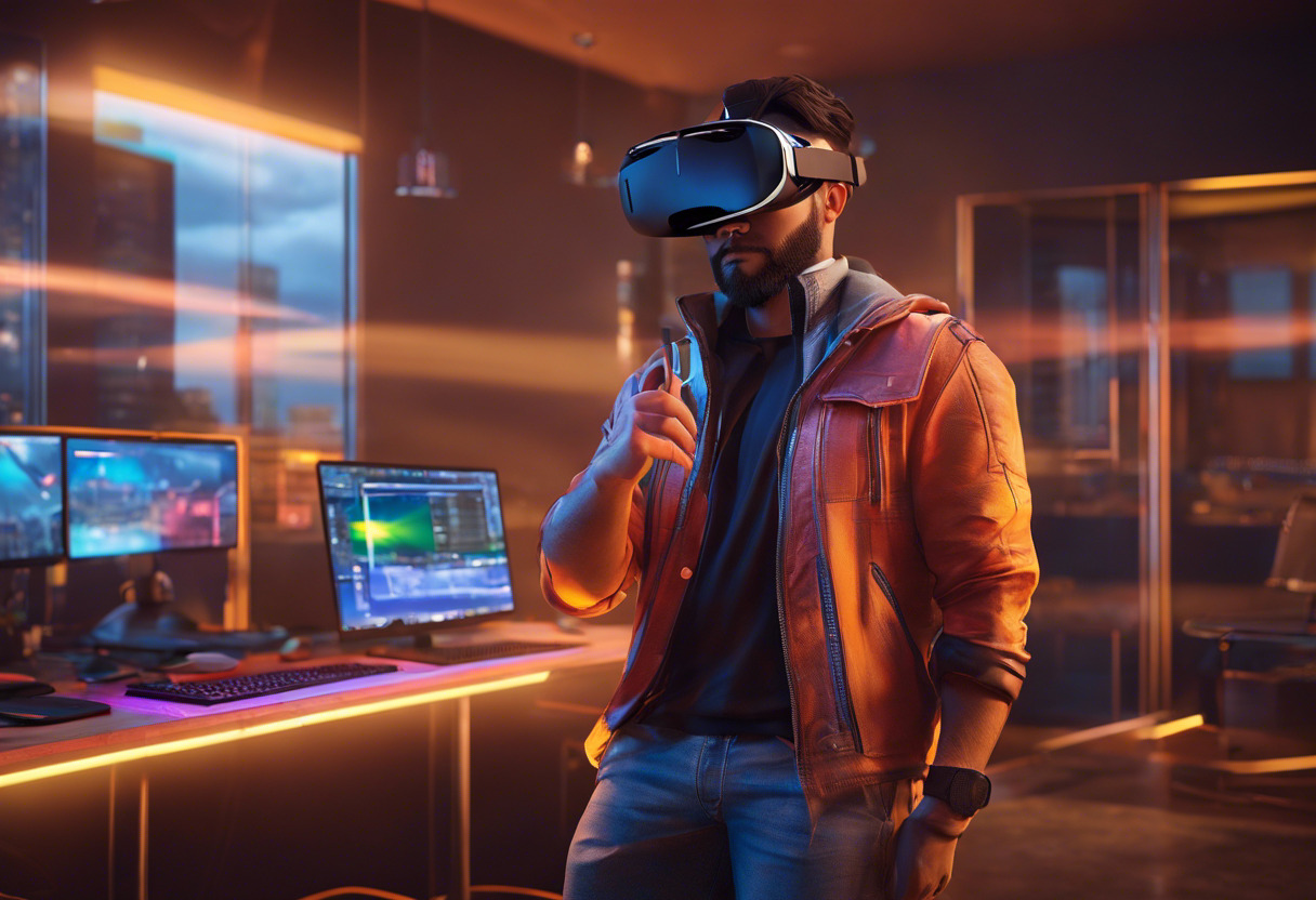 Colorful depiction of a developer utilizing the OpenXR standard for an open-world VR game