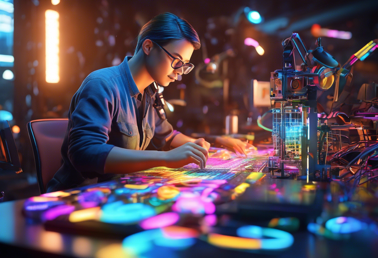 Colorful depiction of a digital artist at work, generating complex 3D models using Cinema 4D in a high-tech workspace