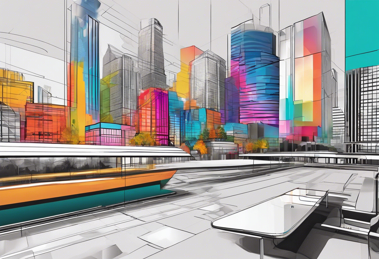 Colorful depiction of a digitally augmented cityscape through Blippar's AR technology, set against the backdrop of a modern corporate office