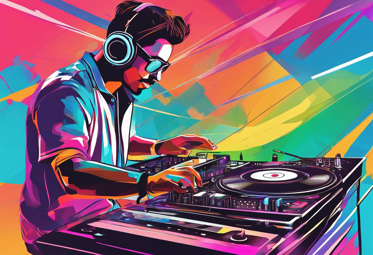 Colorful depiction of a DJ in action at an audiovisual live performance