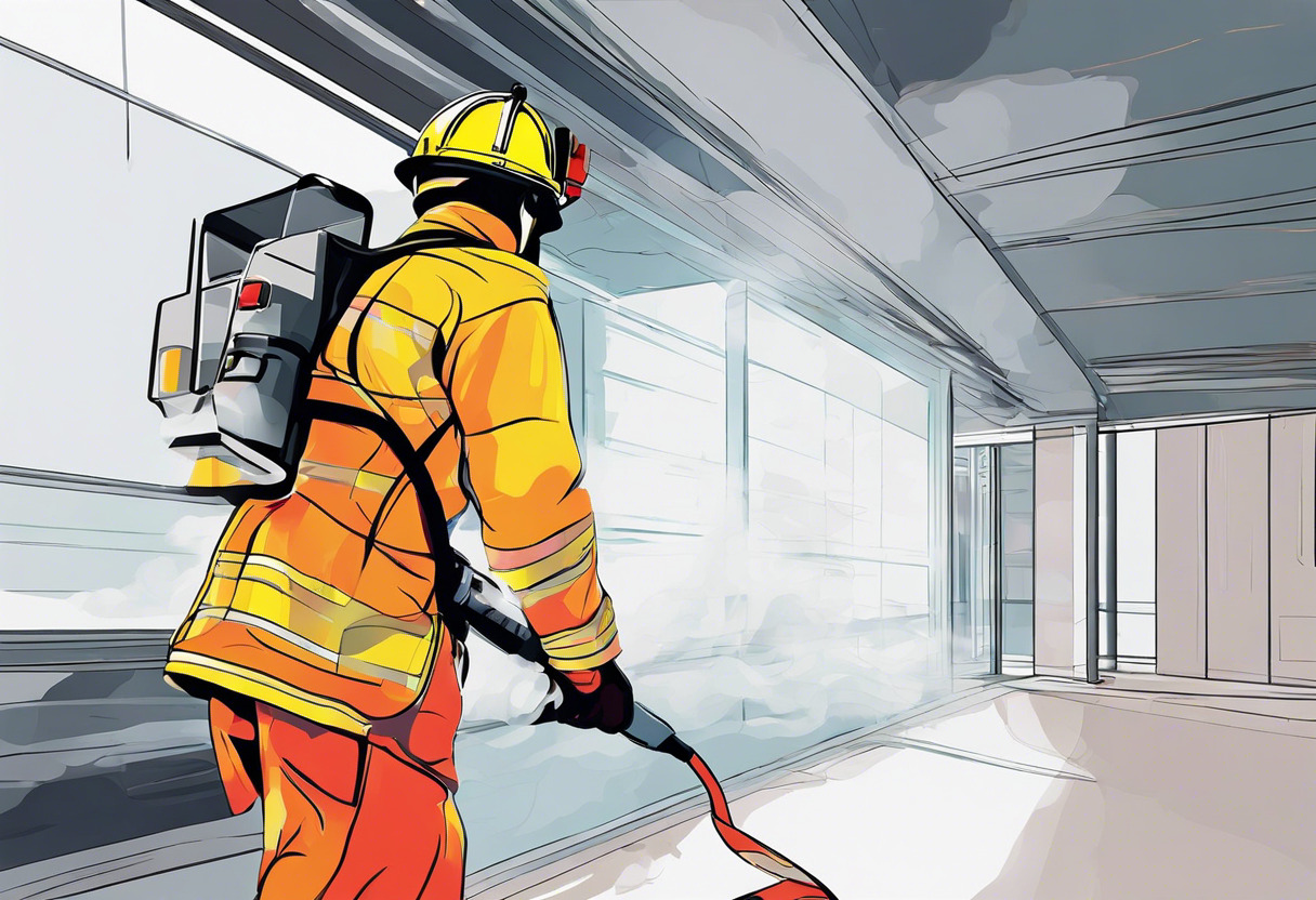 Colorful depiction of a firefighter using WiDAR for navigation inside a smoke-filled building