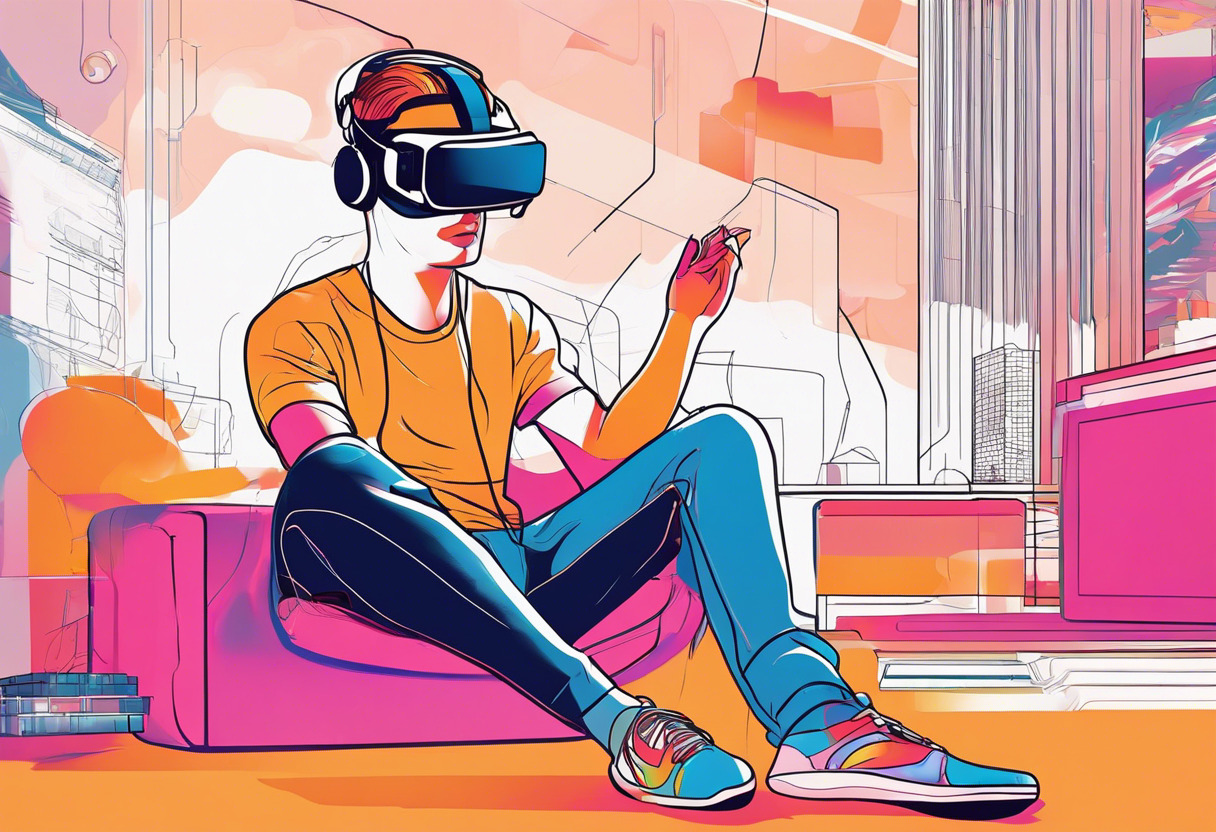 Colorful depiction of a gamer immersed in a virtual reality environment using SteamVR