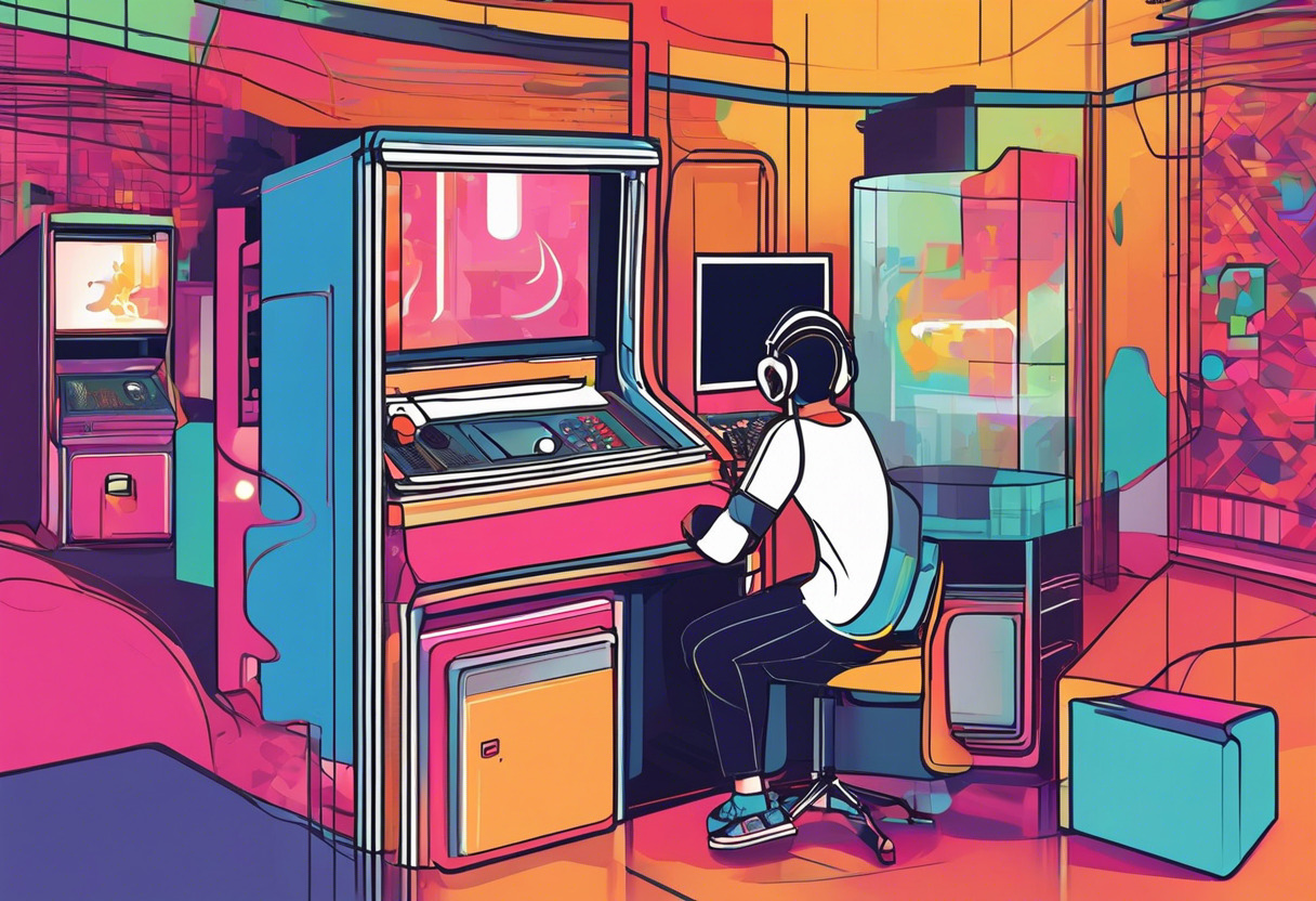 Colorful depiction of a gamer playing a 2D game created using GameMaker in a lively gaming arcade