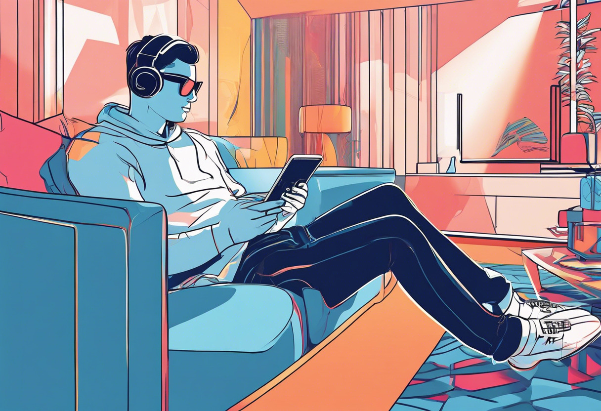 Colorful depiction of a male gamer immersed in a virtual world, seated in a living room