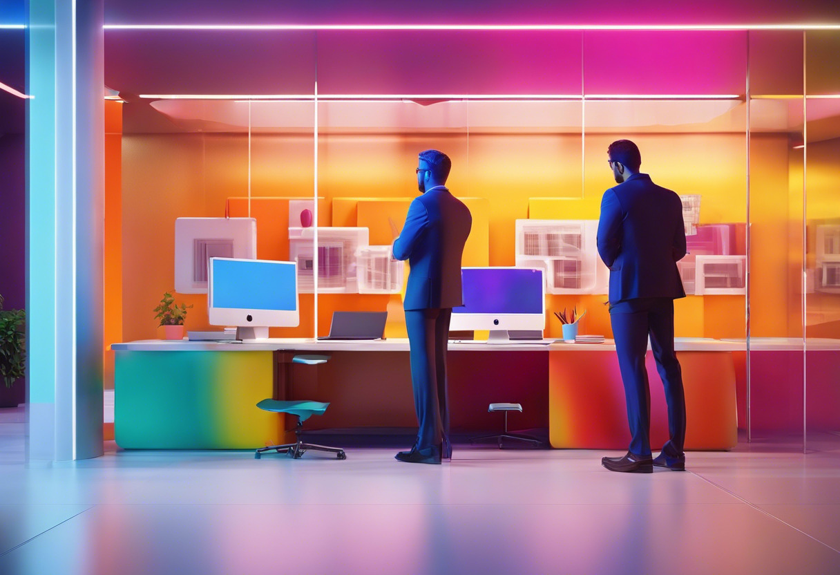 Colorful depiction of a marketing team in a modern office building, brainstorming AR effects with Camera IQ