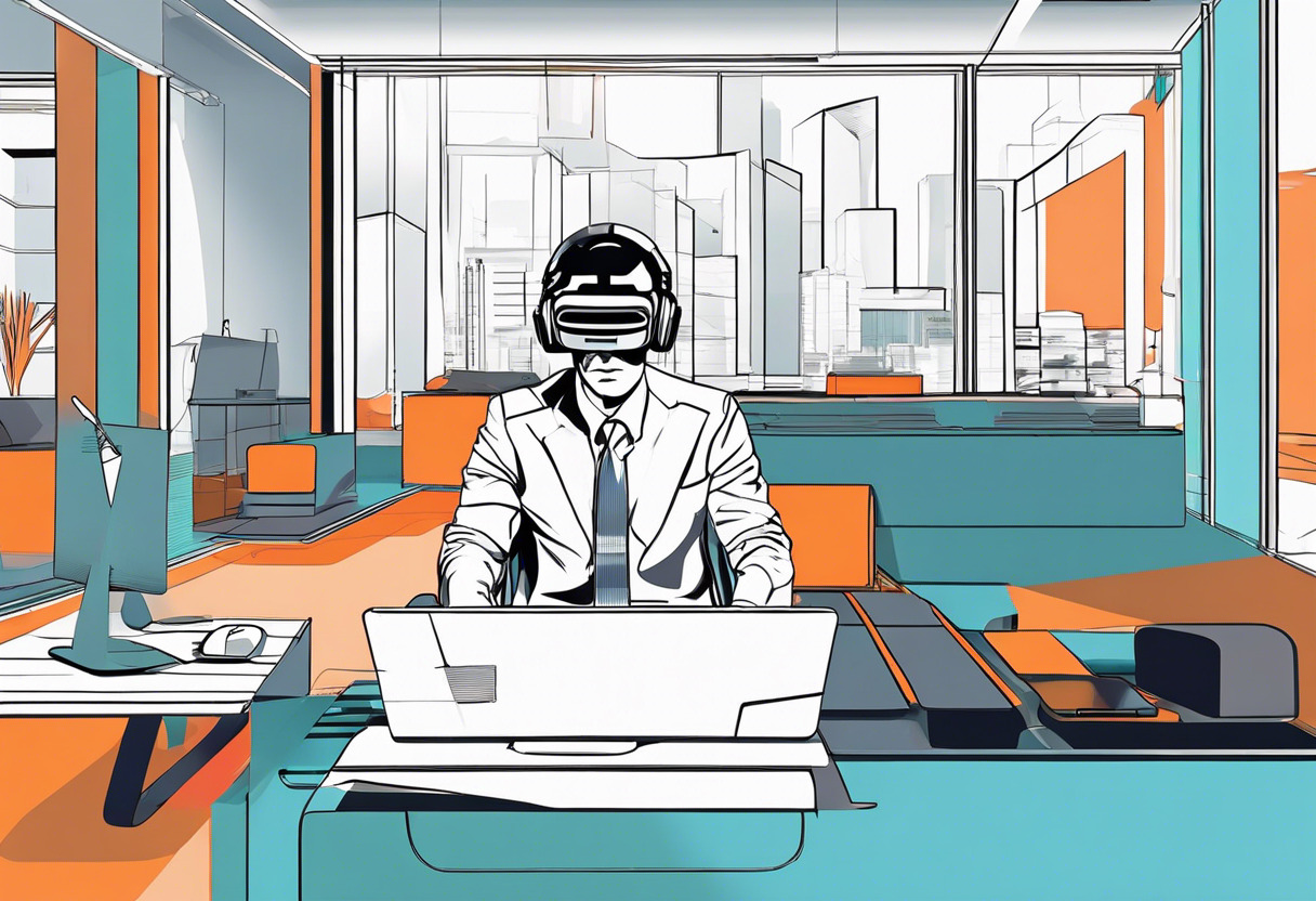 Colorful depiction of a professional engrossed in a business project using HTC Vive Focus in a modern office space