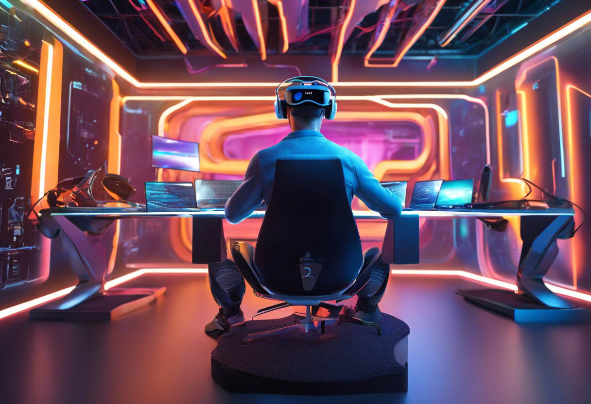 Colorful depiction of a programmer employing PlugXR to create his AR application, seated in a futuristic virtual reality lab