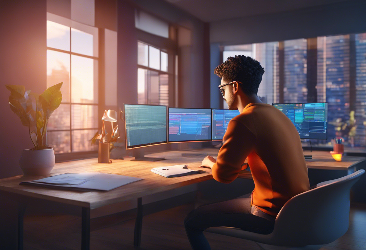 Colorful depiction of a software engineer using the Unity code editor in a collaborative workspace