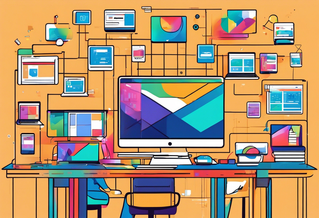 Colorful depiction of a team of developers designing a cross-platform app, surrounded by various device screens displaying uniform apps