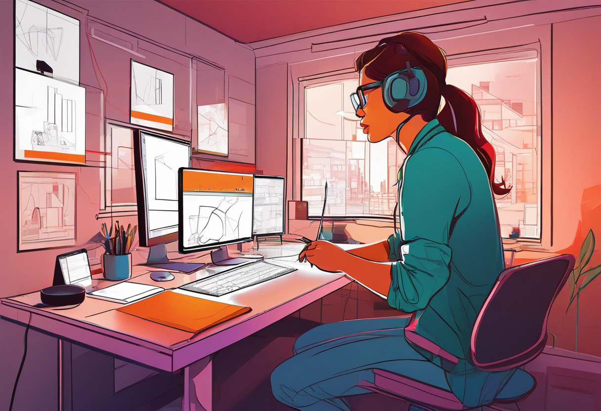 Colorful depiction of an animator at work using iClone in a technology-driven studio