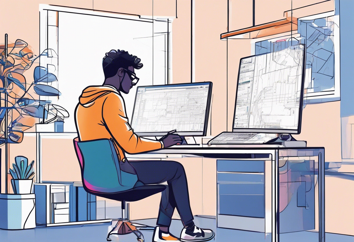 Colorful depiction of an animator using MotionBuilder in a tech-savvy studio