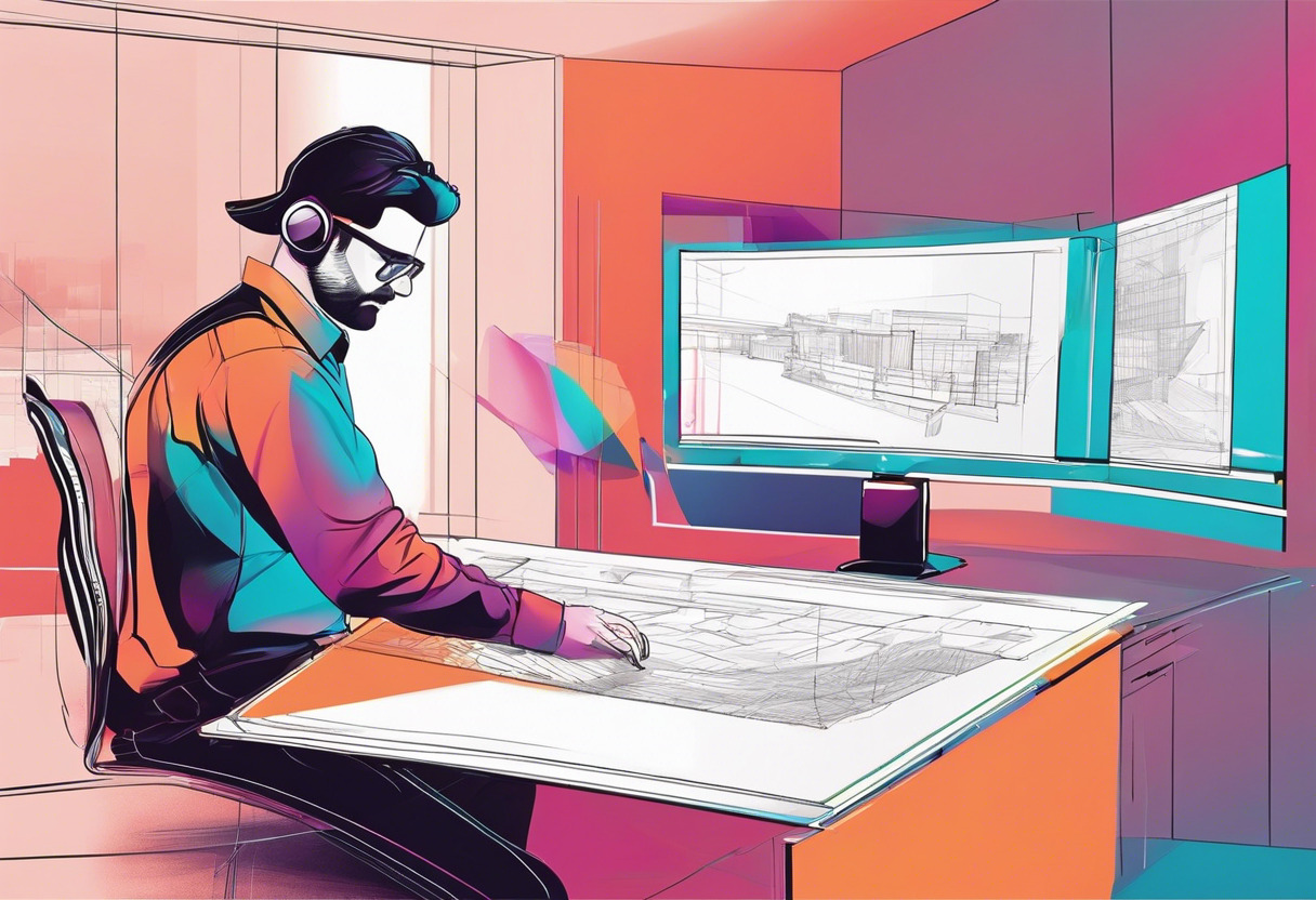 Colorful depiction of an architect manipulating a 360-degree video on the 3DVista platform
