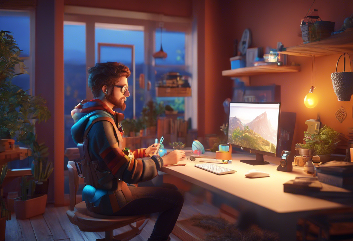 Colorful depiction of an aspiring game developer creating sprite-based RPGs on a cosy workspace