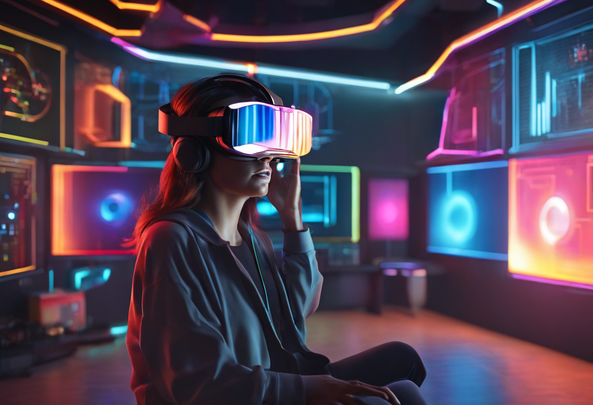 Colorful depiction of an individual experiencing virtual reality using Oculus Rift in a tech room