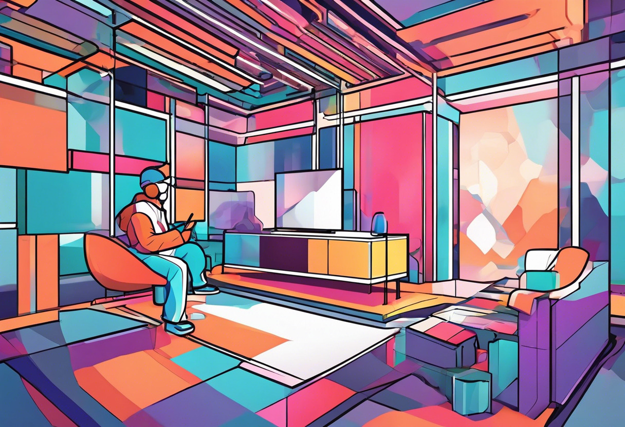 Colorful depiction of an individual interacting with the virtual world of Decentraland