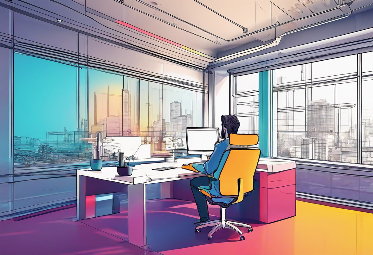 Colorful depiction of an innovative individual engaged in 3D modeling in a modern tech workspace