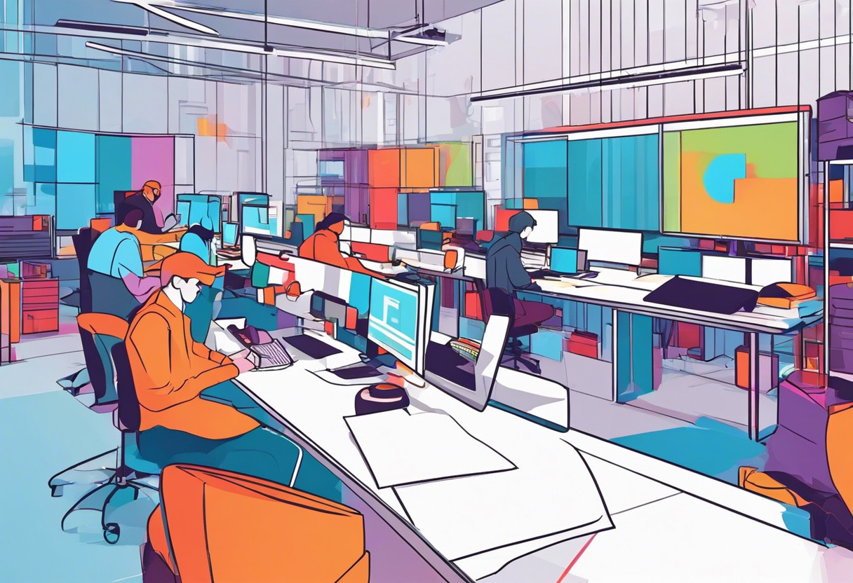 Colorful depiction of game developers at work in an animation studio, using Lumberyard