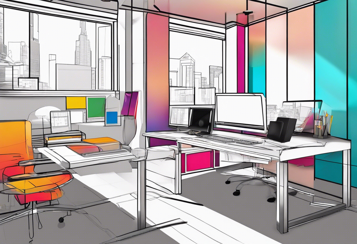 Colorful depiction of Poser's 3D modelling program in a digital studio