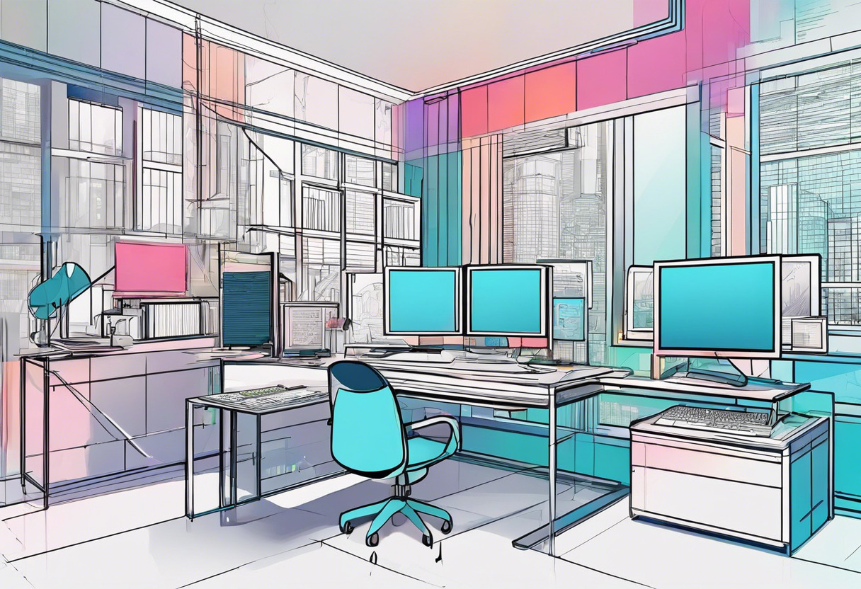 Colorful detailed graphics and complex visual effects on a developer's workstation