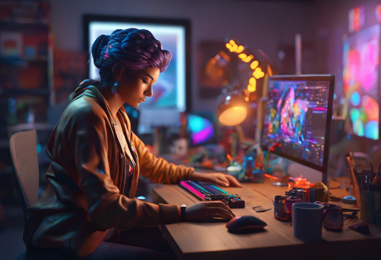 Colorful digital artist at their workstation, sculpting a character model using ZBrush