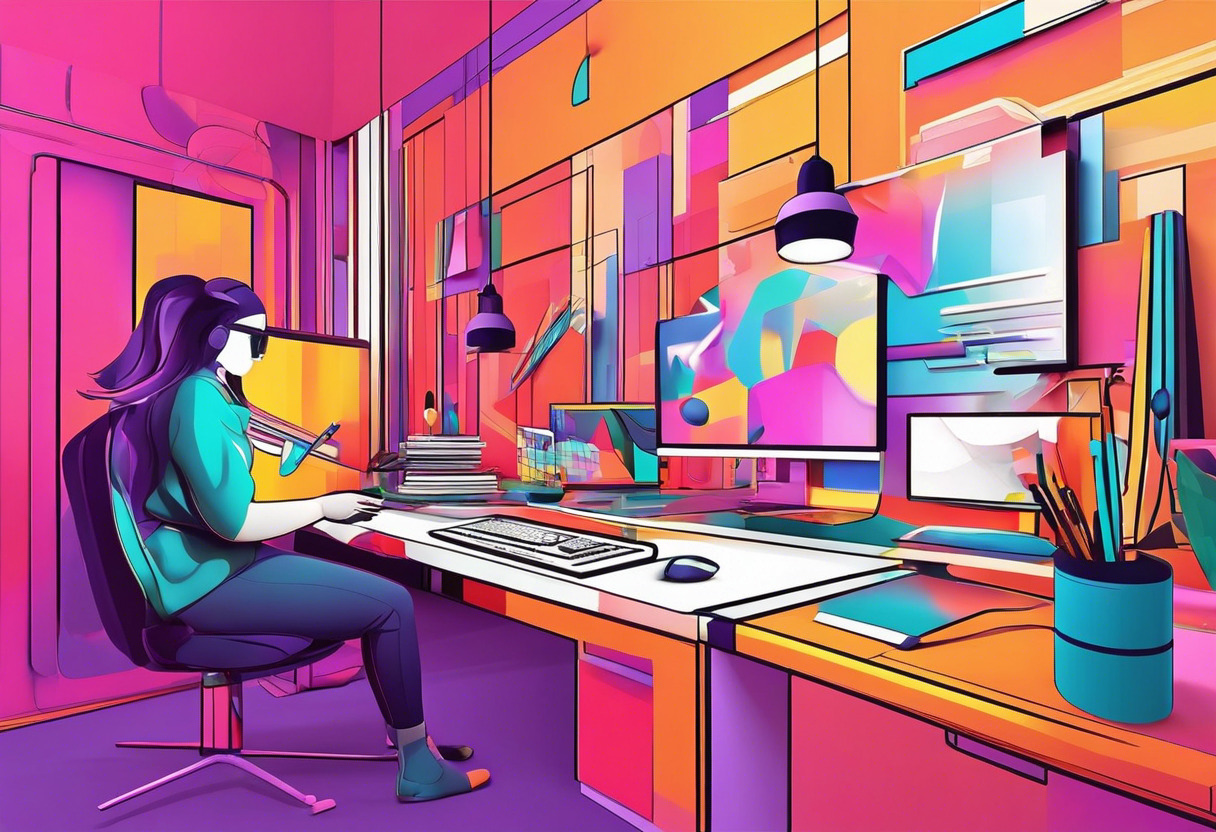 Colorful digital artist manipulating 3D graphics on Cinema 4D in a vibrant design studio.