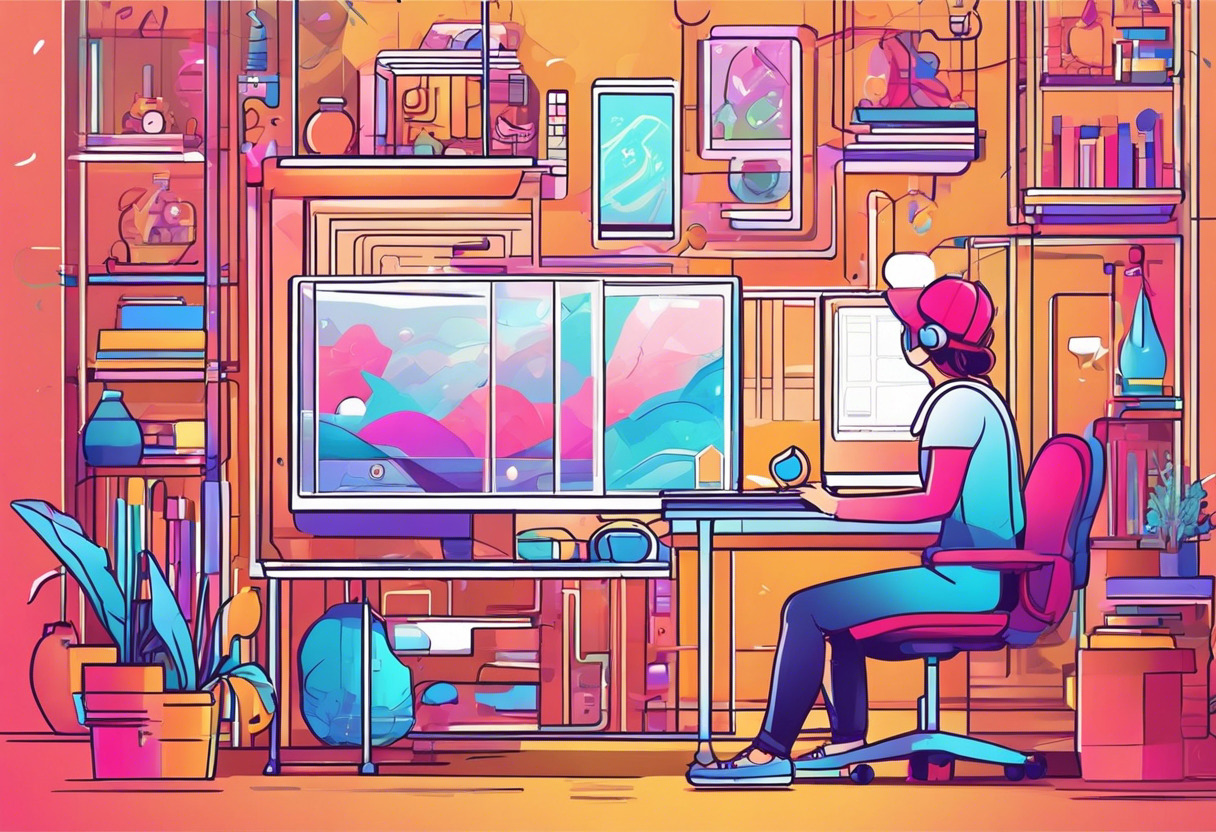 Colorful game developer conceiving fantastical worlds in a methodical digital studio