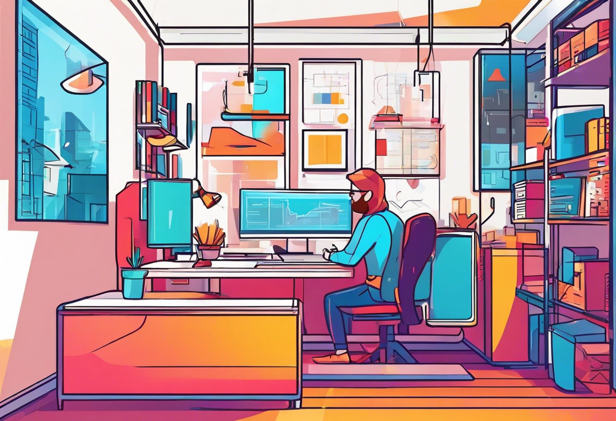 Colorful game developer designing a scene in UE at an office