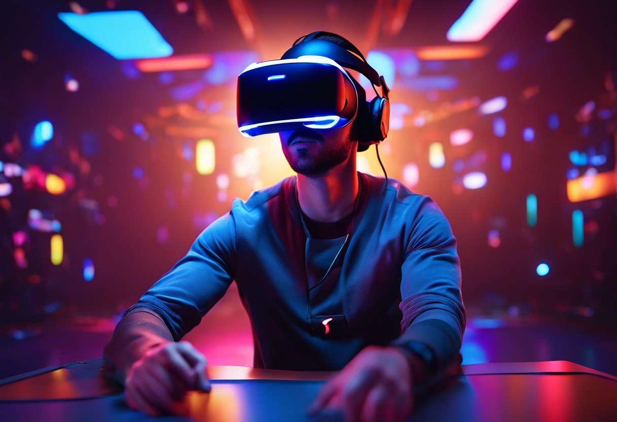 Colorful gamer enjoying PlayStation VR in an illuminated game arcade