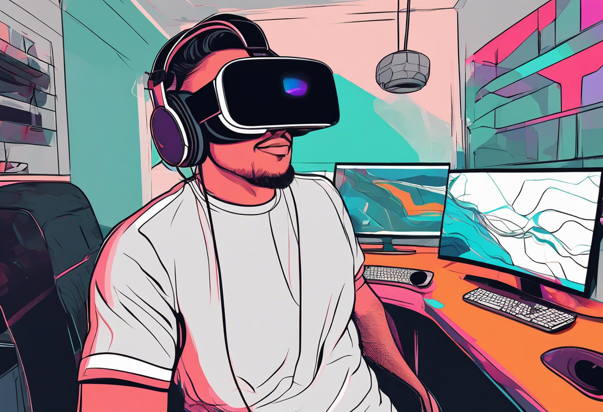 Colorful gamer wearing an Oculus Rift in an immersive gaming room