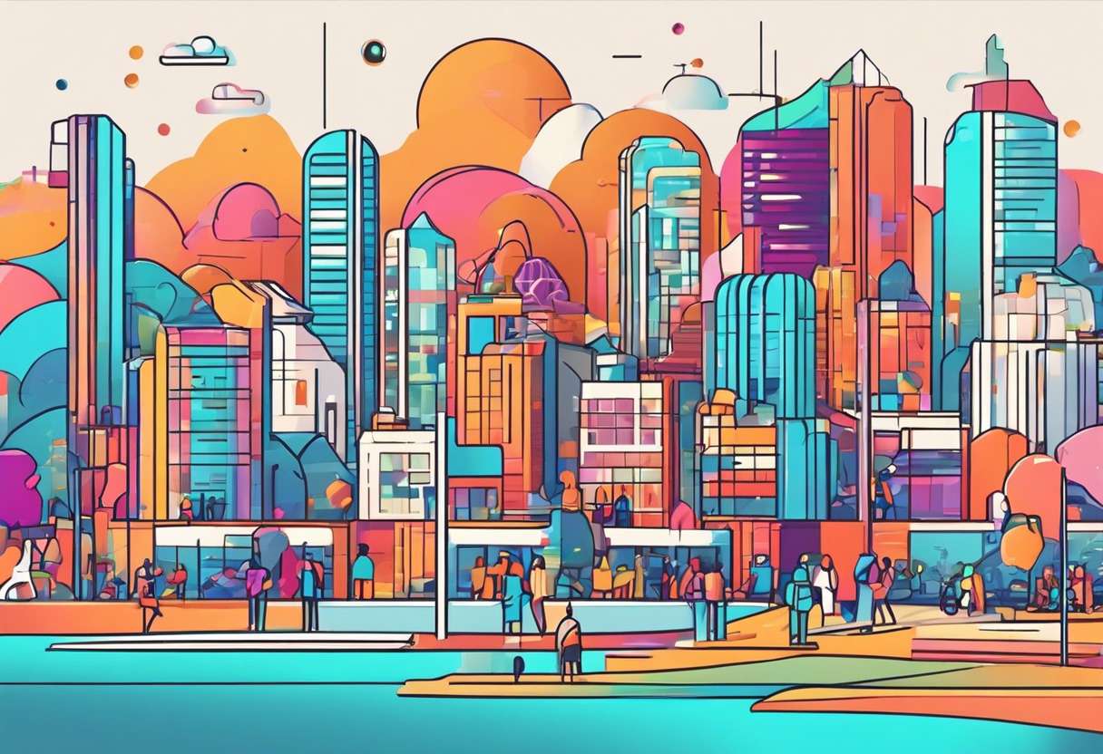 Colorful gathering of avatars in the bustling Decentraland city