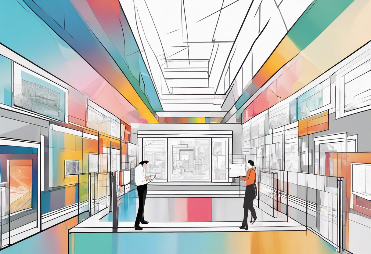 Colorful graphic of a user experiencing the ViewAR application inside an expansive museum