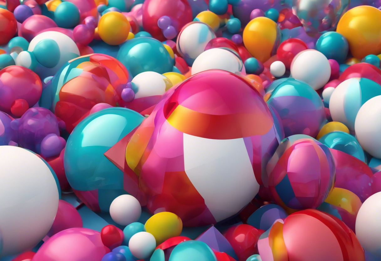 Colorful graphic rendering of 3D objects crafted in Cinema 4D, placed in a digital space