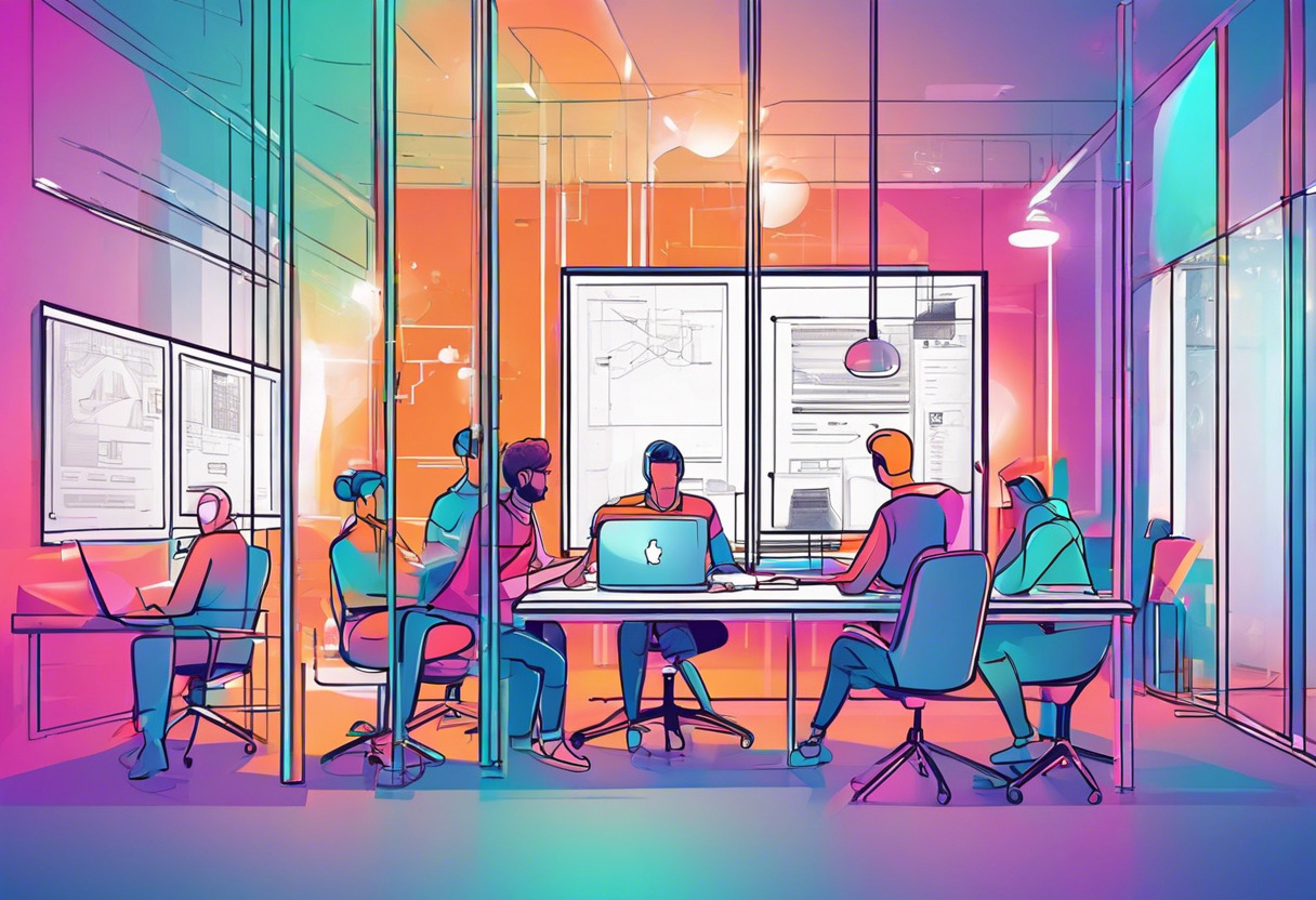 Colorful group of developers brainstorming the next AR application in a futuristic tech startup office