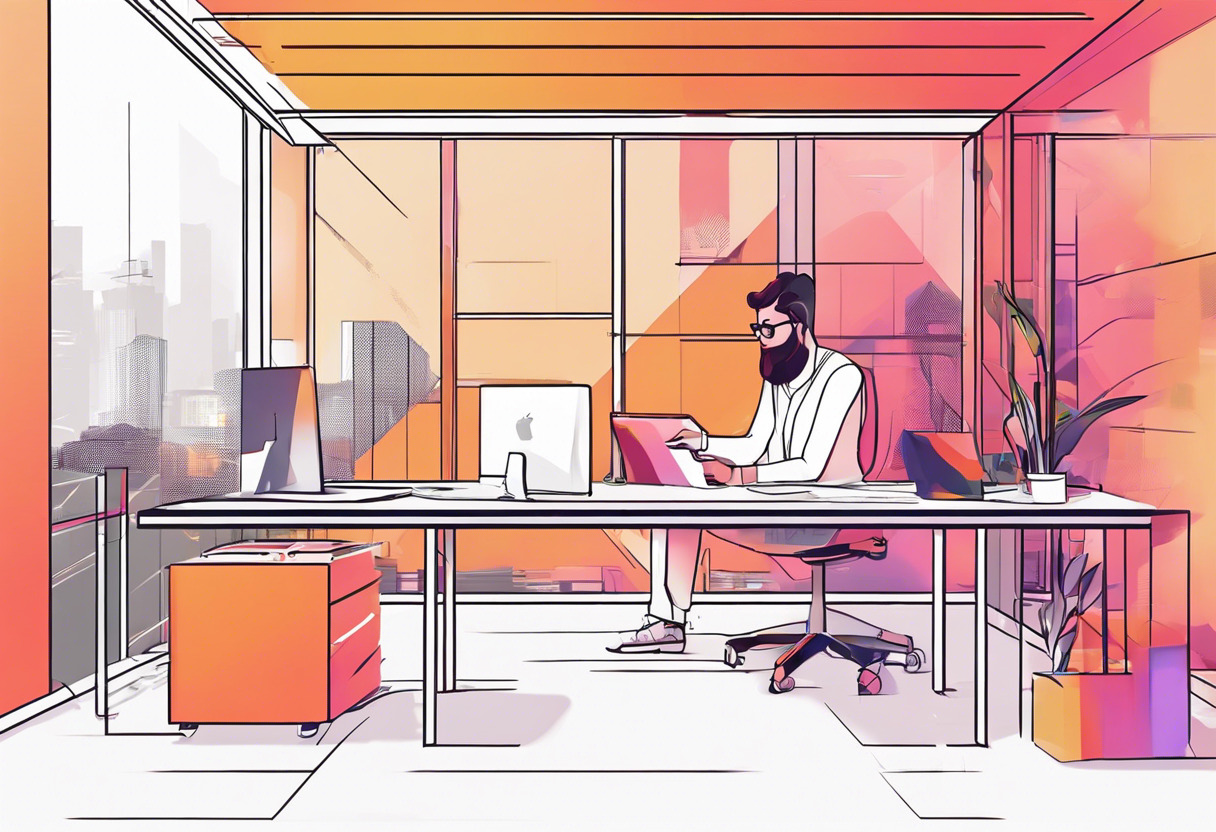 Colorful illustration featuring a developer working on an OpenXR project in a high-tech office space