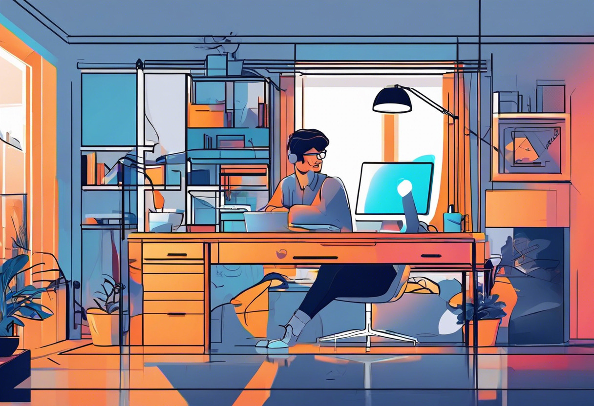 Colorful illustration of a determined programmer developing a 2D game using LÖVE in a comfy home office