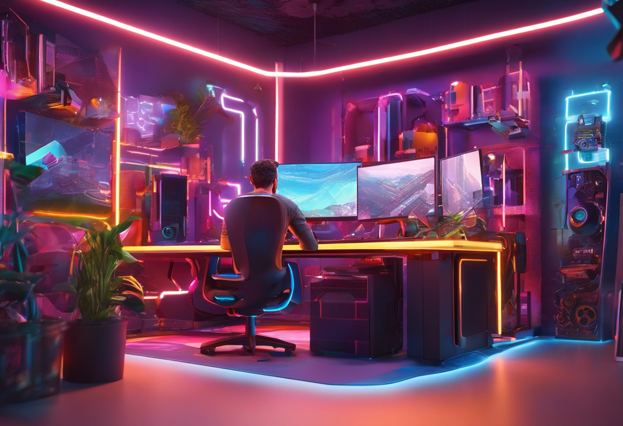 Colorful illustration of a developer engrossed in crafting a 3D game within a vibrant tech environment