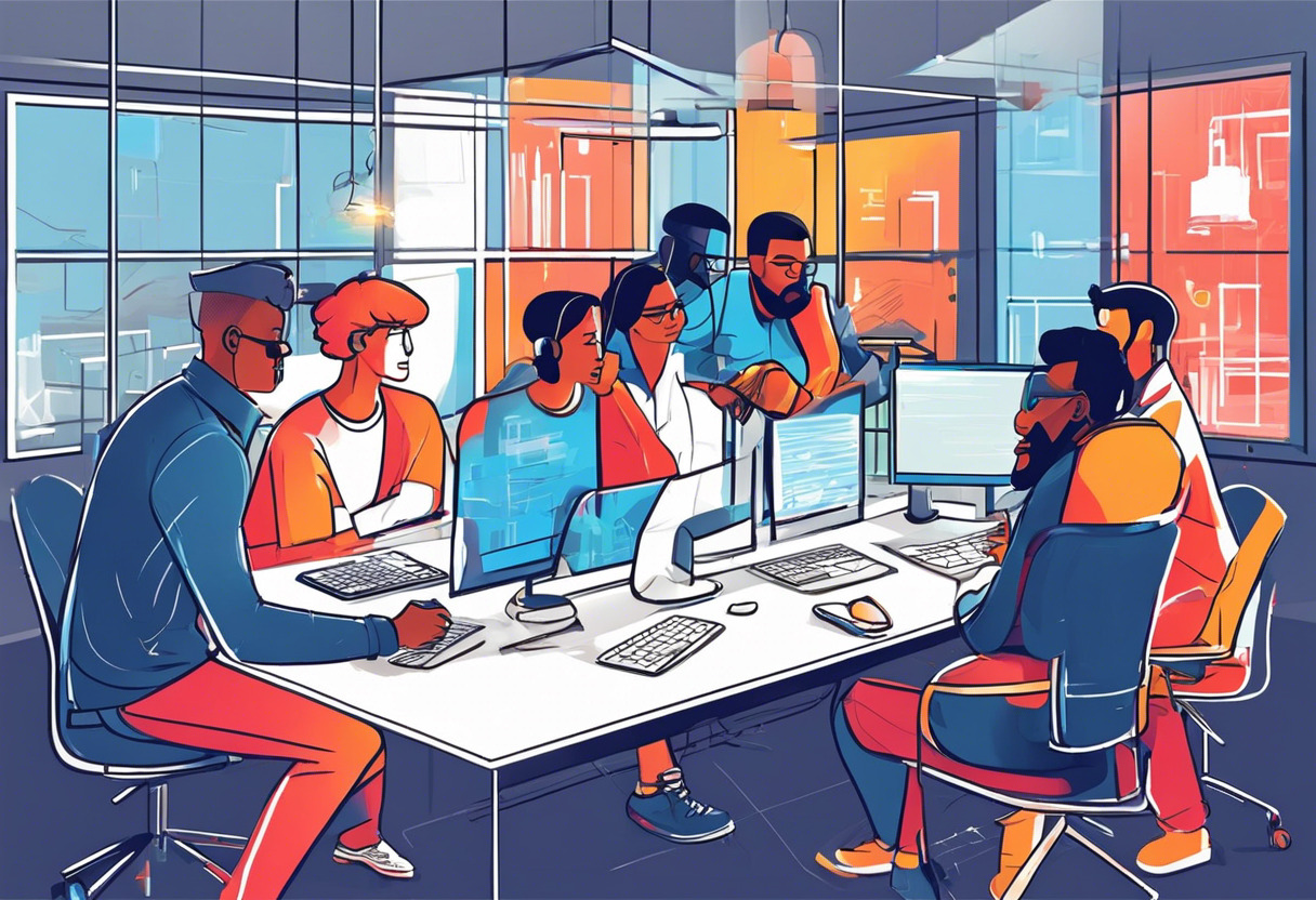 Colorful illustration of a diverse group of game developers brainstorming ideas with Godot in a modern digital lab