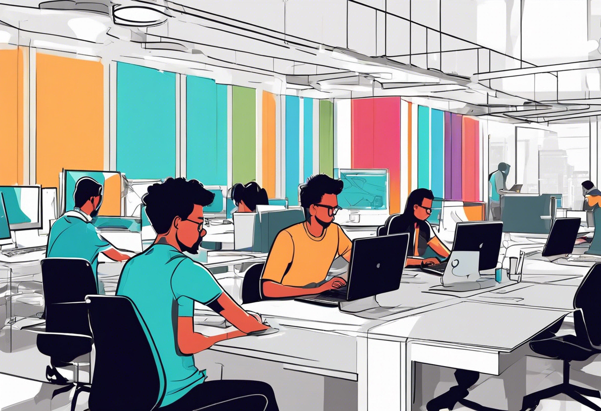 Colorful illustration of a group of developers working on their laptops in a bustling tech startup office