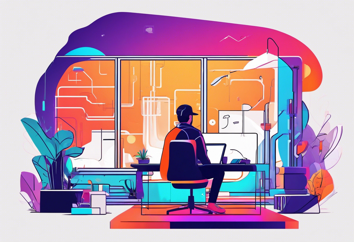 Colorful illustration of a programmer immersed in a 3D world creation in the game design space