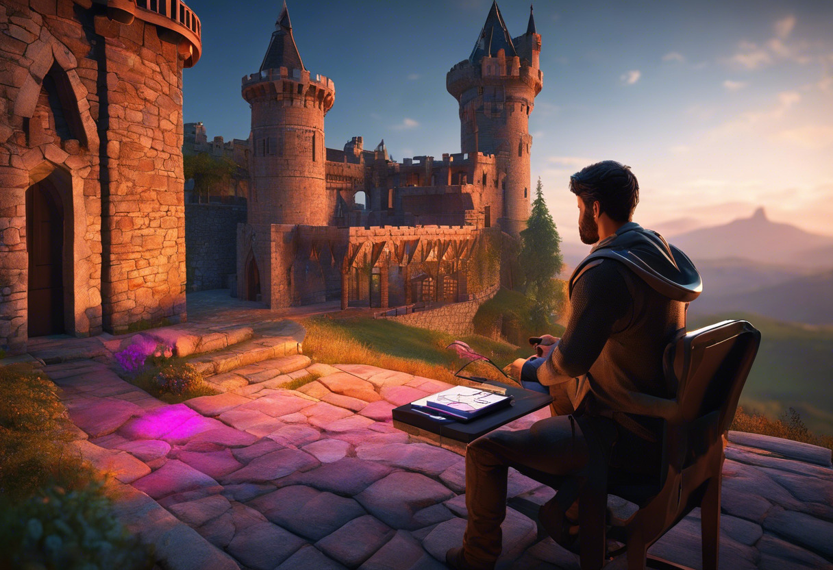 Colorful illustration of a software engineer engrossed in designing a 3D video game featuring a medieval castle using Vulkan on a dual-monitor setup in a gaming studio