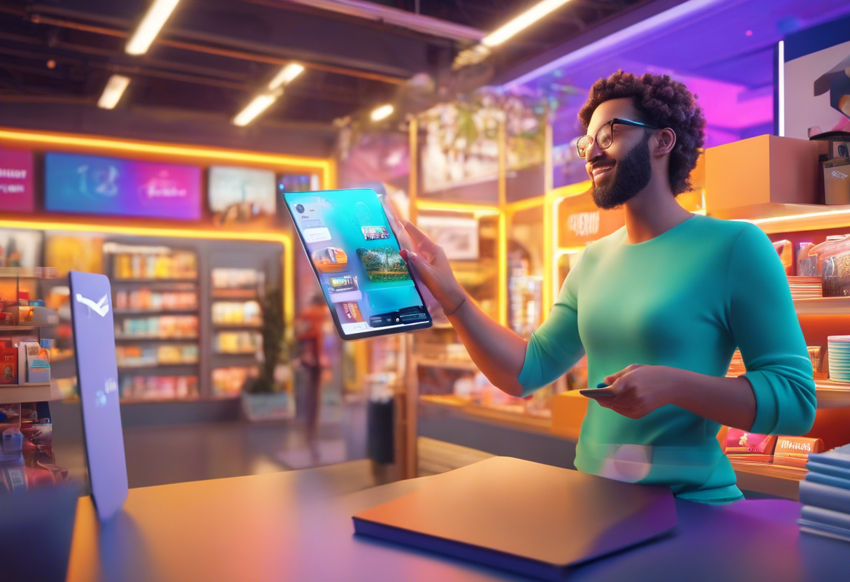 Colorful illustration of a user interacting with an AR app on a tablet, in a lively store environment