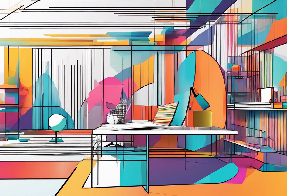 Colorful image of a 3D artist utilizing Poliigon's ultra-sharp textures in a modern design studio