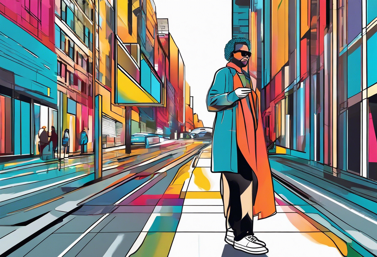 Colorful image of a blind individual in an urban setting immersing in an AR experience using Zappar's Accessible QR code