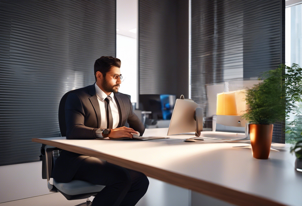 Colorful image of a business professional using BUNDLAR on a computer in a modern office