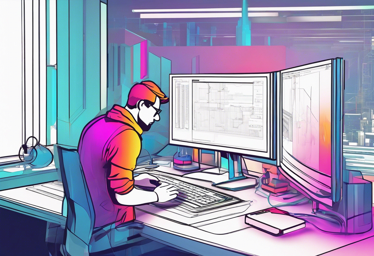 Colorful image of a developer using OpenGL to create vivid 3D graphics on a futuristic workstation.