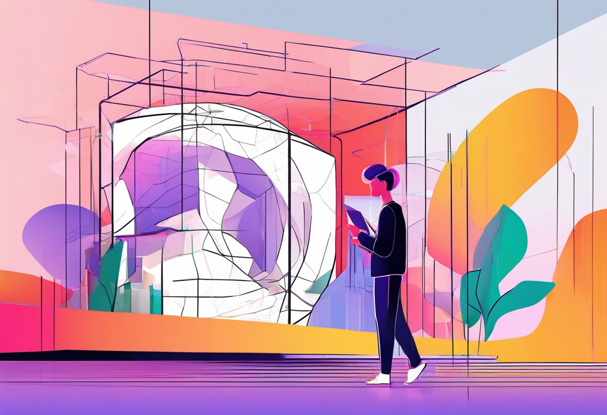 Colorful image of a digital artist interacting with a giant 3D model within the metaverse