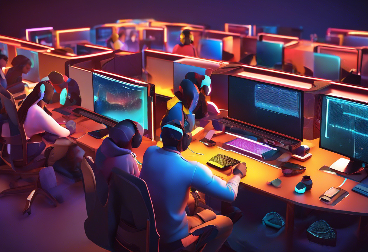 Colorful image of a diverse group of developers engaging in a game jam, heads bent over their computers in deep concentration, each creating unique 2D games on GameMaker