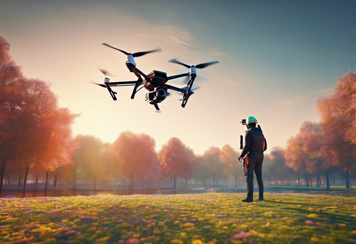 Colorful image of a drone operator engaged in aerial mapping in a city park