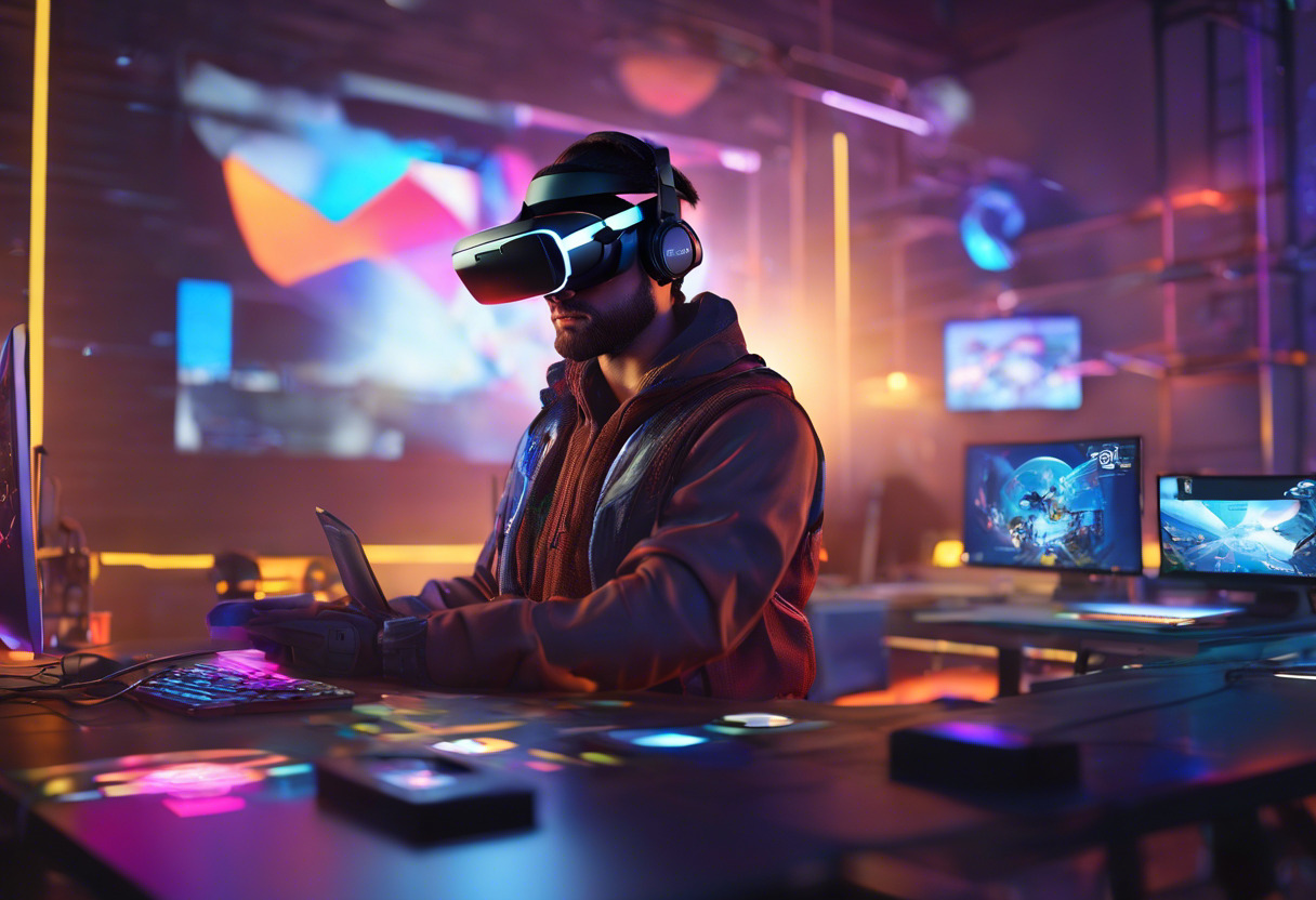 Colorful image of a game developer immersed in creating an AR/VR game using Unity